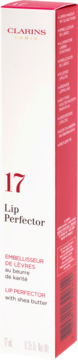Biało-różowe opakowanie Clarins Lip Perfector 17 z masłem shea, stojące pionowo, widok z przodu i boku.