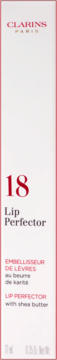 Clarins Paris Lip Perfector 18, białe opakowanie z czerwonymi napisami, widok z przodu, z masłem shea.