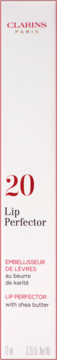 Biały kartonik Clarins Lip Perfector 20 z czerwonym logo i obwódką, pionowy widok z przodu.