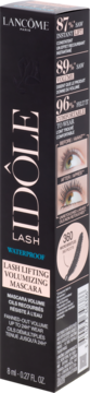 Lancôme Lash Idôle Waterproof Mascara, czarne pudełko z różowymi detalami, lifting i objętość rzęs, 8ml, pod kątem.