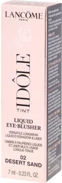 Lancôme Idôle Tint Liquid Eye-Blusher 02 Desert Sand w jasnoróżowym pudełku, widok z przodu z czarnym tekstem.