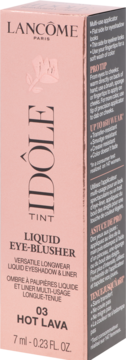 Różowe opakowanie Lancôme Idôle Tint 03 Hot Lava, płynny cień do powiek i róż, widok z przodu.