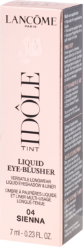 Pionowe różowe pudełko Lancôme Idôle Tint, Liquid Eye-Blusher 04 Sienna, widoczne z przodu i z boku.