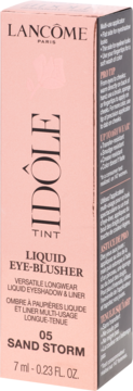 Lancôme Idôle Tint Liquid Eye-Blusher 05 Sand Storm, różowe pudełko z pionowym napisem. Widok z przodu i boku.