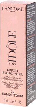 Lancôme Idôle Tint Liquid Eye-Blusher 05 Sand Storm, różowe pudełko z pionowym napisem. Widok z przodu i boku.
