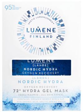 Białe opakowanie maski Lumene Nordic Hydra 72h Hydra Gel Mask, z niebieskim napisem i detalami, widok z przodu.