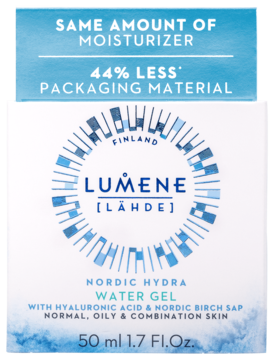Lumene Nordic Hydra Water Gel, białe opakowanie z niebieską grafiką i napisem "44% mniej opakowania", 50ml, widok z przodu.