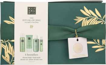 Zielony zestaw prezentowy Rituals The Ritual of Jing, z czterema produktami. Eleganckie pudełko ze złotym motywem roślinnym i zieloną wstążką.