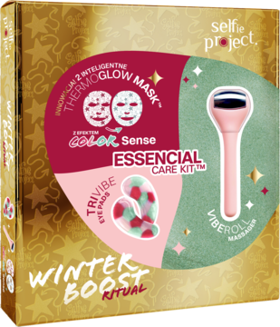 Selfie Project Essencial Care Kit Winter Boost. Złote pudełko, maski ThermoGlow, różowy masażer VibeRoll i płatki TriVibe.