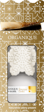 Organique Eternal Gold zestaw z kulą i białą śnieżynką do kąpieli, w złotym pudełku, widok z przodu.