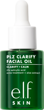 Zielony olejek do twarzy E.L.F. SKIN PLZ CLARIFY z 2% kwasem salicylowym na trądzik, butelka z kroplomierzem.