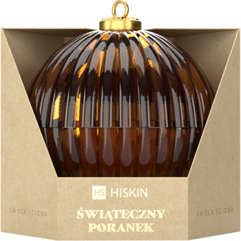 Szklana świeca bombka brązowa 200ml w tekturowym opakowaniu, widok z przodu, z żeberkowaną fakturą.