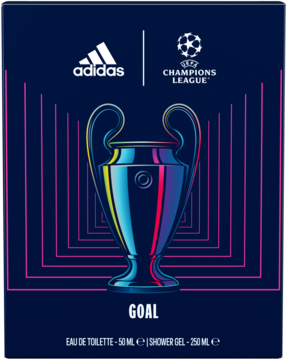 Adidas UEFA Goal zestaw zapachowy, granatowe pudełko z kolorowym trofeum Ligi Mistrzów i logotypami.