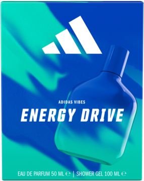 Adidas Vibes Energy Drive zestaw: EDP 50ml i żel 100ml, w niebiesko-zielonym pudełku z butelką i logo Adidas.