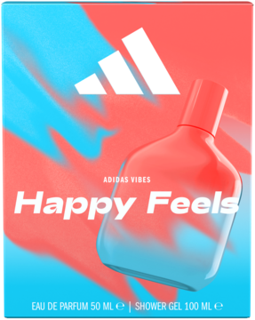 Adidas Vibes Happy Feels zestaw EDP i żel. Dynamiczne opakowanie w koralu i błękicie z logo Adidas i butelką.
