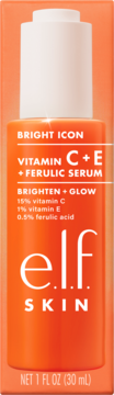 Serum elf Vitamin C+E + Ferulic w pomarańczowej butelce z białą nakrętką, widok z przodu, tekst BRIGHT ICON.