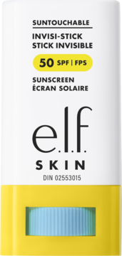 Biały sztyft elf SKIN SUNTOUCHABLE Invisi-Stick 50 SPF, żółty spód, przód, niewidzialny krem przeciwsłoneczny.