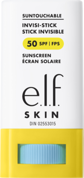 Biały sztyft elf SKIN SUNTOUCHABLE Invisi-Stick 50 SPF, żółty spód, przód, niewidzialny krem przeciwsłoneczny.