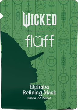 Zielona maska do twarzy Wicked Fluff Elphaba Refining Mask, z sylwetką czarownicy i ozdobnym tłem.