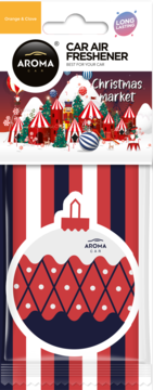 Aroma Car air freshener, Orange & Clove, Christmas Market design, with a prominent red and blue striped ornament.