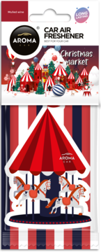 AROMA zawieszka zapachowa: mulled wine, kształt karuzeli z końmi, czerwono-białe paski, na tle jarmarku.