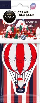 AROMA CAR Winter Forest, odświeżacz powietrza. Czerwono-biały hot air balloon z Mikołajem. Opakowanie z Christmas market.