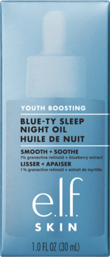 Opakowanie elf skin BLUE-TY SLEEP NIGHT OIL z 1% retinoidem. Jasnoniebieskie pudełko, widok z przodu.