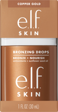 e.l.f. SKIN Bronzing Drops Copper Gold, 30ml, w brązowym kartonie, brązujące z olejem słonecznikowym, widok z przodu.