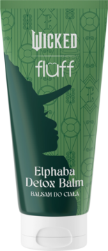 Zielona tuba balsamu do ciała Wicked Fluff Elphaba Detox Balm z ciemnozielonym profilem wiedźmy, widok z przodu.