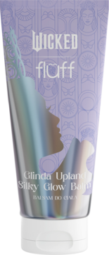 Wicked Fluff Glinda Upland Silky Glow Balsam do ciała. Lawendowa tubka z połyskującą sylwetką i wzorami.