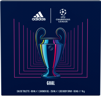 Adidas UEFA Goal zestaw zapachowy, granatowe pudełko z neonowym pucharem UCL, logo Adidas i UEFA.