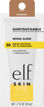Biała tuba e.l.f. SKIN Suntouchable Whoa Glow SPF 30, odcień Sunburst, baza pod makijaż, widok z przodu.