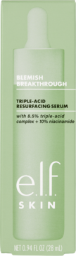 e.l.f. SKIN Triple-Acid Resurfacing Serum, zielone pudełko z grafiką kroplomierza, widok z przodu, 28 ml.