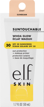 Biała tubka e.l.f. SKIN Suntouchable Whoa Glow SPF 30 Sunbeam, krem z filtrem i bazą, z beżowym wzornikiem.