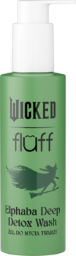 Żel do mycia twarzy Wicked Fluff Elphaba Deep Detox w zielonej butelce z białą pompką, grafiką wiedźmy, widok z przodu.