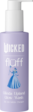 Fioletowy żel do mycia twarzy Wicked Fluff Glinda Upland Glow Wash, widok z przodu. Biała pompka i ilustracja księżniczki.
