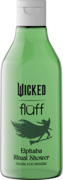 Zielony olejek pod prysznic Wicked Fluff Elphaba Ritual Shower z grafiką wiedźmy na miotle, widok z przodu.