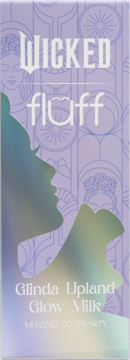 Nawilżające mleczko do twarzy Glinda Upland Glow Milk. Fioletowe opakowanie z holographiczną sylwetką kobiety, przód.