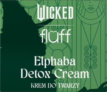 Zielony krem do twarzy Wicked Fluff Elphaba Detox Cream, etykieta z sylwetką wiedźmy i art déco wzorem. Matuje.