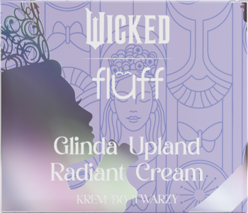 Glinda Upland Radiant Cream, rozświetlający krem do twarzy w fioletowym pudełku z logo Wicked fluff i grafiką kobiety.