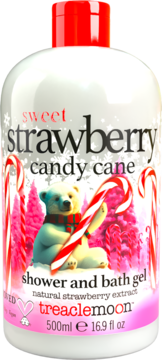 Treaclemoon Strawberry Candy Cane żel pod prysznic, biała butelka z misiem polarnym i cukierkami, widok przód.
