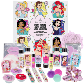 Disney Princess kalendarz adwentowy z 24 kosmetykami i akcesoriami do kąpieli i ciała, z grafikami księżniczek Disneya.
