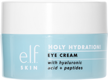 e.l.f. Holy Hydration! Eye Cream, niebiesko-biały słoiczek z kwasem hialuronowym i peptydami, widok z przodu.