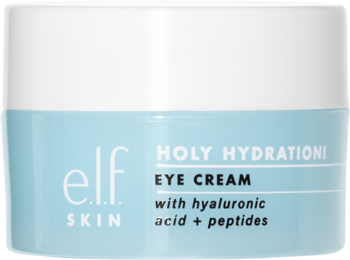 e.l.f. Holy Hydration! Eye Cream, niebiesko-biały słoiczek z kwasem hialuronowym i peptydami, widok z przodu.