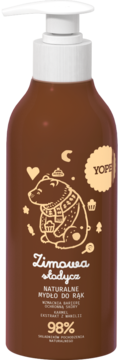 Brązowe mydło do rąk Yope Zimowa Słodycz, karmel z wanilią, z ilustracją misia w szaliku trzymającego babeczkę.