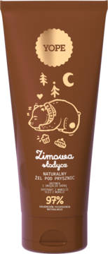 Yope Zimowa Słodycz naturalny żel pod prysznic w brązowej tubie z ilustracją misia i lasu, widok z przodu.