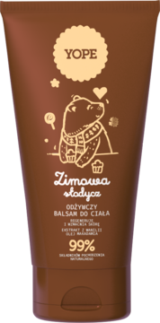 Yope Zimowa Słodycz odżywczy balsam do ciała w brązowej tubce z misiem, widok z przodu, z migdałami i macadamia.