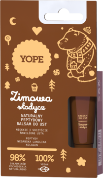 YOPE Zimowa słodycz naturalny peptydowy balsam do ust w zimowym brązowym pudełku z rysunkiem misia, widok z przodu.