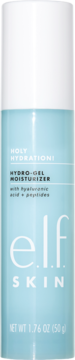 Butelka e.l.f. Holy Hydration! Hydro-Gel Moisturizer, biało-niebieska z tekstem o kwasie hialuronowym, widok z przodu.