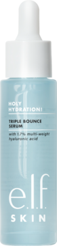 e.l.f. Holy Hydration! Triple Bounce Serum, jasnoniebieskie serum hialuronowe w butelce z zakraplaczem, widok z przodu.